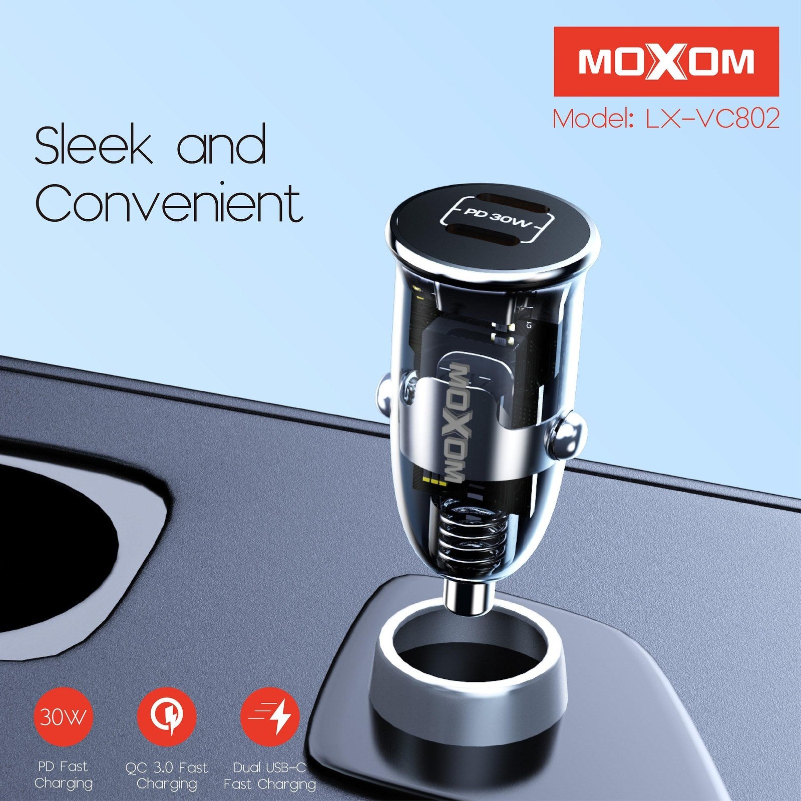 MOXOM 30W Dual PD Transparent Car Charger – LX-VC802