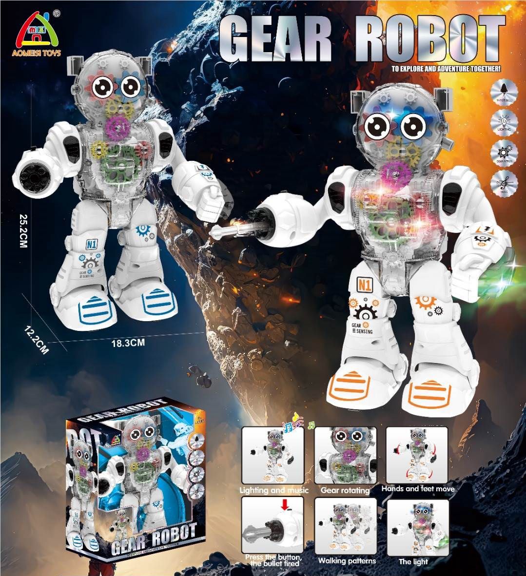 AOMEISI Gear Robot with Lights, Music and Moving Gears