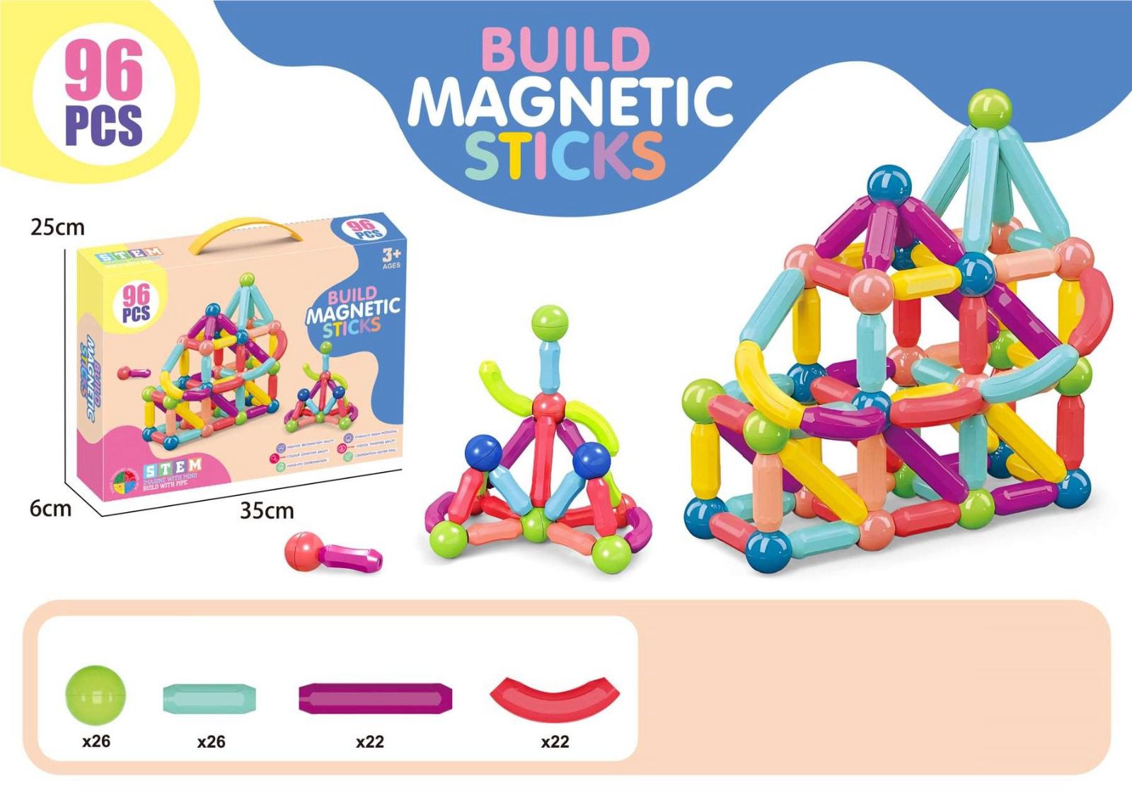 Build Magnetic Sticks STEM Set, 96 Pieces