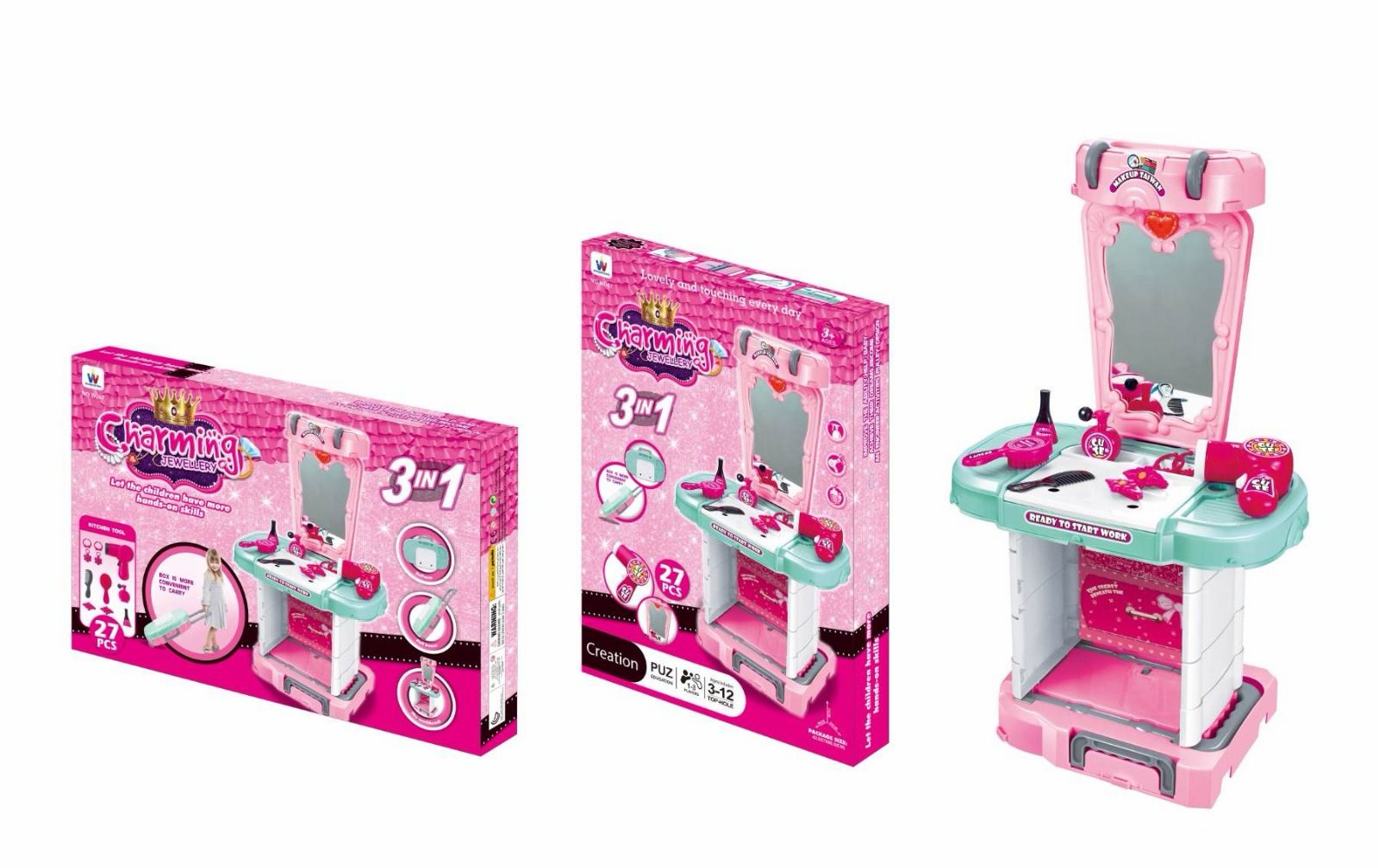 Charming Jewellery 3 in 1 Makeup Vanity Trolley Playset 27 Pieces