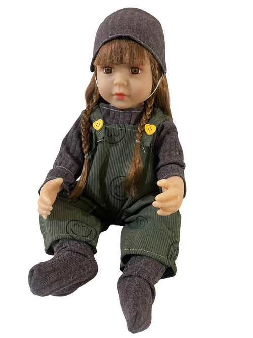 Doll with Braided Hair in Green Overalls and Grey Cap