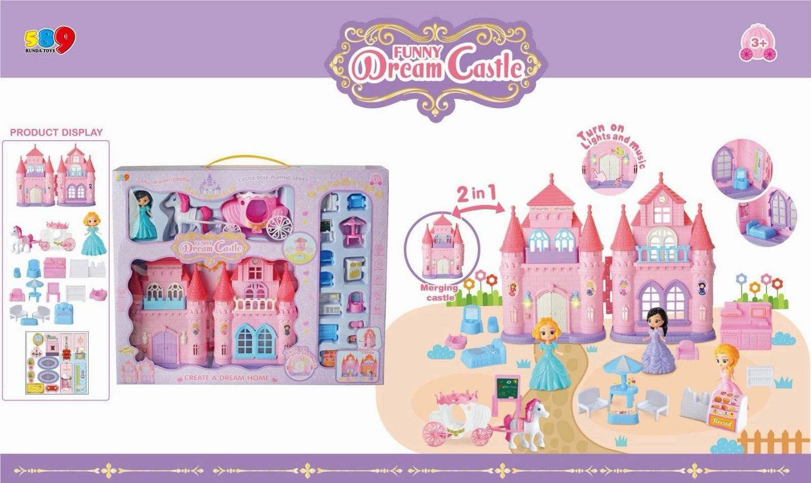 Funny Dream Castle 2 in 1 Princess Castle Playset with Lights and Music