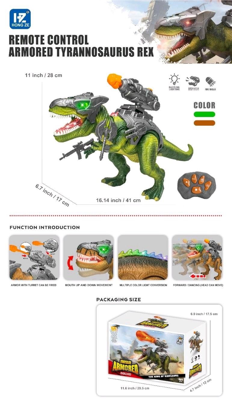 HONG ZE Remote Control Armored Tyrannosaurus Rex with Firing Turret