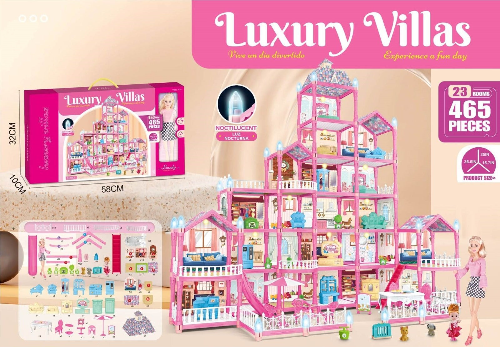 Luxury Villas Dollhouse 23 Rooms 465 Pieces with Glow in the Dark Lamps