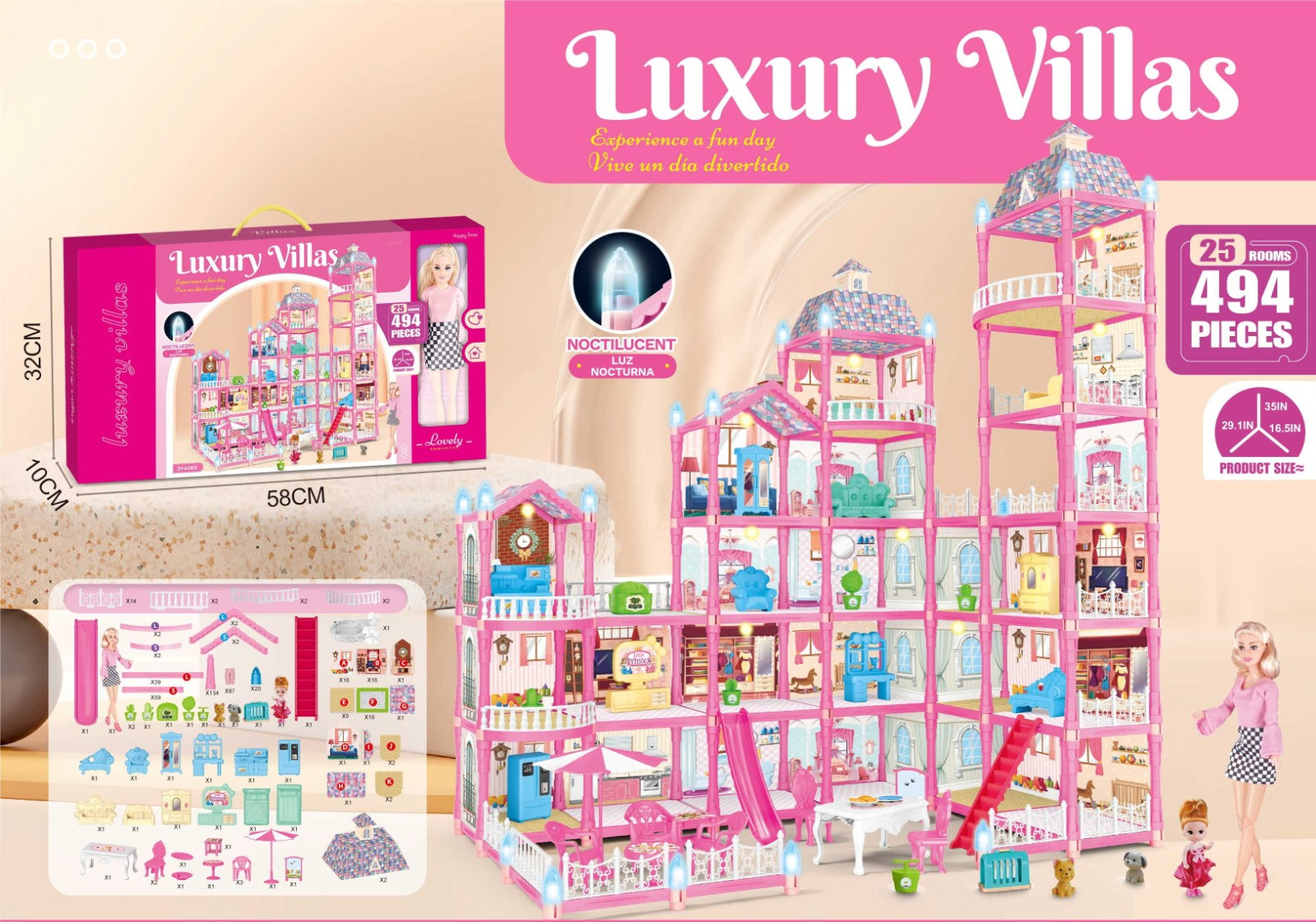 Luxury Villas Dollhouse 25 Rooms 494 Pieces with Glow in the Dark Lamps