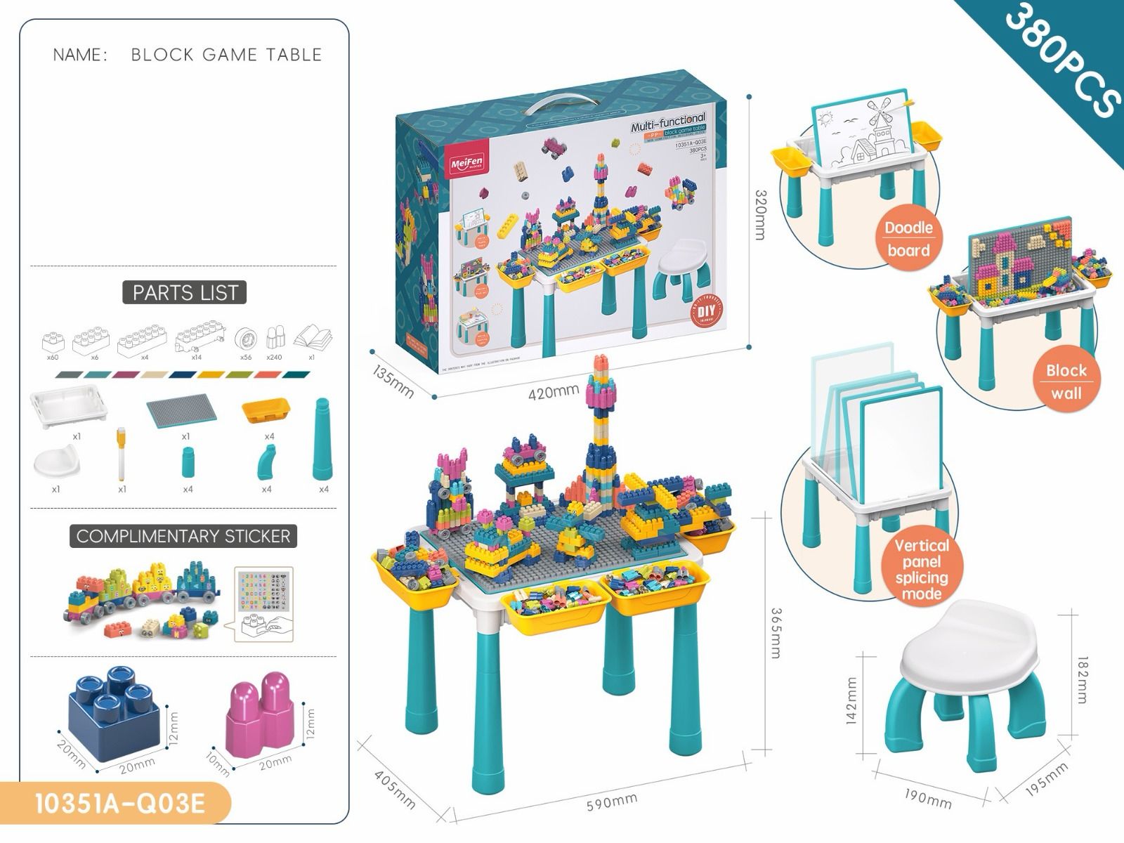 MeiFen Multi Functional Block Game Table with Stool 380 Pieces