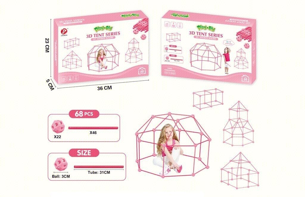 Play-Diy 3D Tent Fort Building Kit, 68 Pieces, Pink