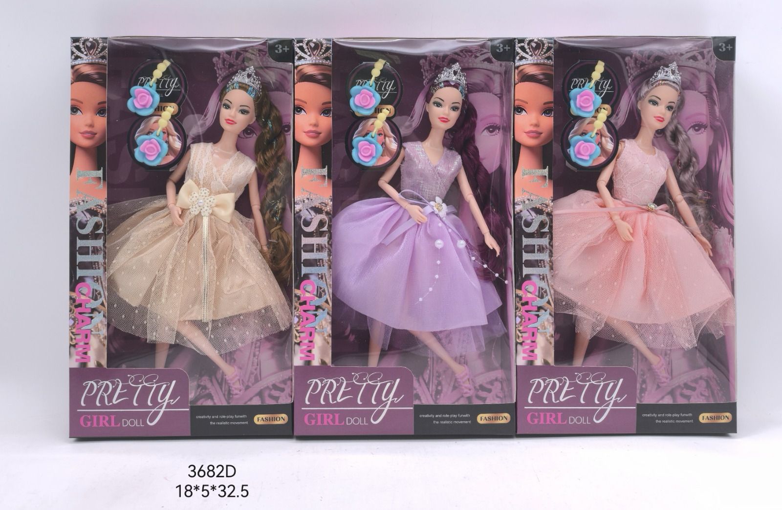 Pretty Girl Doll with Tiara and Rose Hair Clips, Model 3682D