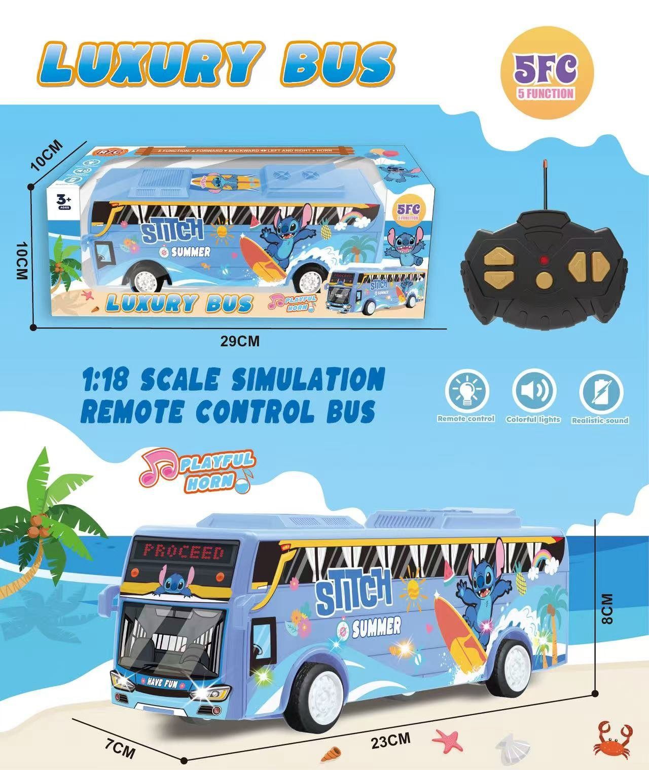 Remote Control Luxury Bus, 5 Function, 1:18 Scale