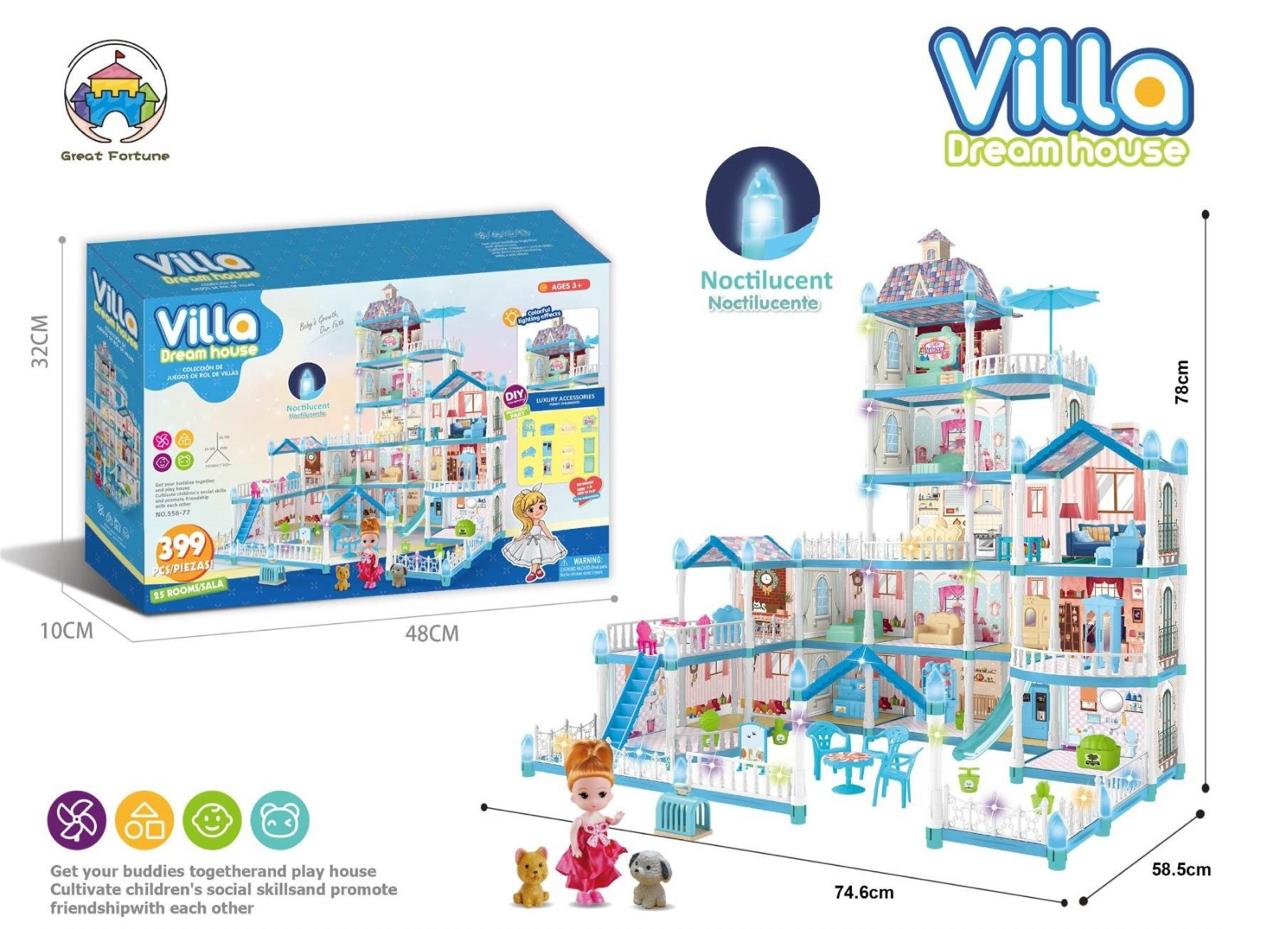 Great Fortune Villa Dream House Dollhouse, 25 Rooms, 399 Pieces, Blue