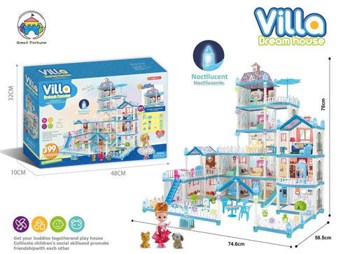 Great Fortune Villa Dream House Dollhouse, 25 Rooms, 399 Pieces, Blue