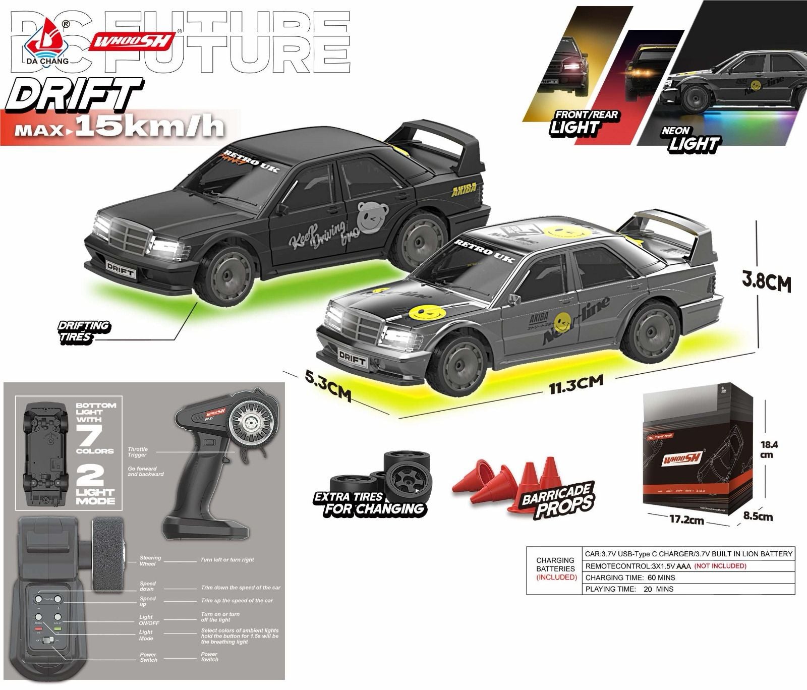 WHOOSH Remote Control Drift Car with Neon Underglow, 15 km/h